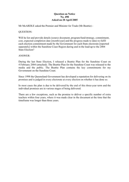 Question on Notice No. 498 Asked on 20 April 2005