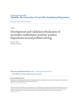 Development and Validation of Indicators of Secondary Mathematics Teachers' Positive Dispositions Toward Problem Solving. Alison L