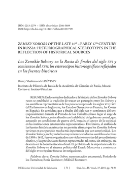 Zemsky Sobors of the Late 16Th- Early 17Th Century in Russia: Historiographical Stereotypes in the Reflection of Historical Sour