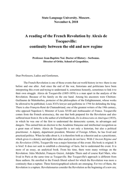 A Reading of the French Revolution by Alexis De Tocqueville: Continuity Between the Old and New Regime