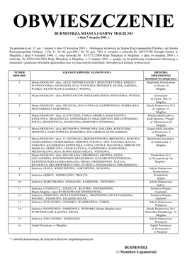 OBWIESZCZENIE BURMISTRZA MIASTA I GMINY MOGILNO Z Dnia 7 Sierpnia 2001 R