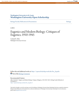 Eugenics and Modern Biology: Critiques of Eugenics, 1910-1945 Garland E