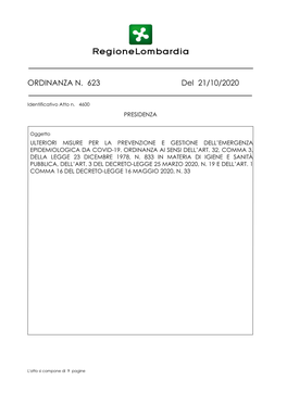Ordinanza N. 623 Del 21 Ottobre 2020