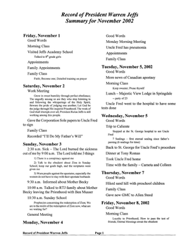 Record of President Warren Jeffs Summary for November 2002