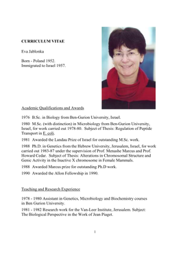 CURRICULUM VITAE Eva Jablonka Born