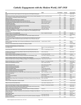 Catholic Engagements with the Modern World, 1487-1918