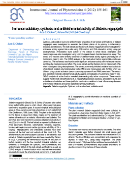 Immunomodulatory, Cytotoxic and Antileishmanial Activity of Setaria Megaphylla Jude E