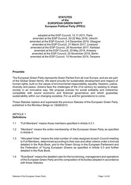 STATUTES of the EUROPEAN GREEN PARTY European Political Party (PPEU) Adopted at the EGP Council, 12.11.2011, Paris Amended at Th