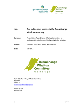 Our Indigenous Species in the Ruamāhanga Whaitua Summary