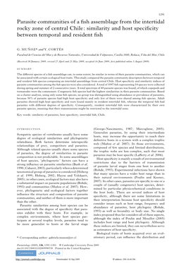 Parasite Communities of a Fish Assemblage from the Intertidal Rocky Zone of Central Chile: Similarity and Host Specificity Betwe