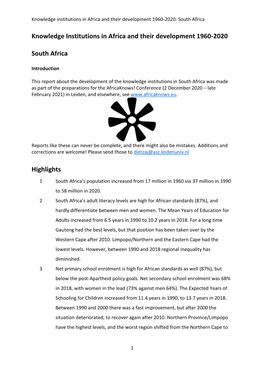 Knowledge Institutions in Africa and Their Development 1960-2020: South Africa