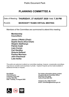 Agenda Document for Planning Committee A, 27/08/2020 19:30