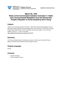 March 05, 1949 Notes of the Conversation Between Comrade I.V. Stalin and a Governmental Delegation from the Democratic People's