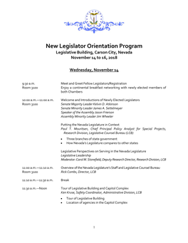 New Legislator Orientation Program Legislative Building, Carson City, Nevada November 14 to 16, 2018