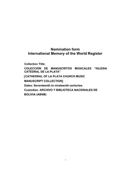 Nomination Form International Memory of the World Register