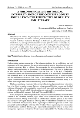 A Philosophical and Historical Interpretation of the Concept Logos in John 1:1 from the Perspective of Orality and Literacy