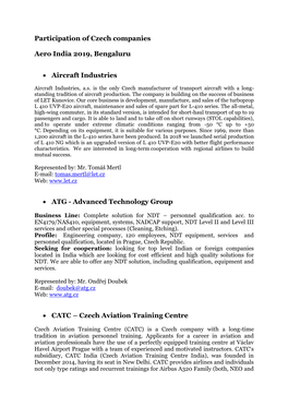 List of Czech Companies at Aero India 2019