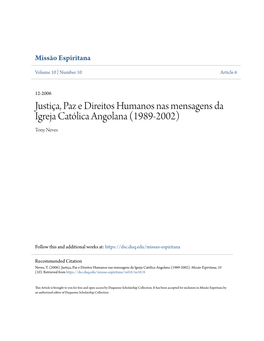 Justiça, Paz E Direitos Humanos Nas Mensagens Da Igreja Católica Angolana (1989-2002) Tony Neves