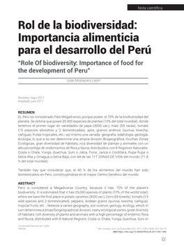 Rol De La Biodiversidad: Importancia Alimenticia Para El Desarrollo Del Perú “Role of Biodiversity: Importance of Food for the Development of Peru”