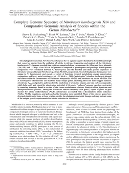 Complete Genome Sequence of Nitrobacter Hamburgensis X14 and Comparative Genomic Analysis of Species Within the Genus Nitrobacterᰔ† Shawn R