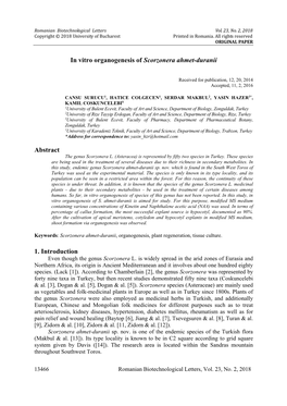 In Vitro Organogenesis of Scorzonera Ahmet-Duranii Abstract 1. Introduction