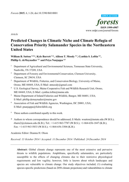 Predicted Changes in Climatic Niche and Climate Refugia of Conservation Priority Salamander Species in the Northeastern United States