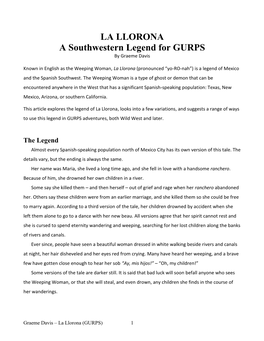 LA LLORONA a Southwestern Legend for GURPS by Graeme Davis