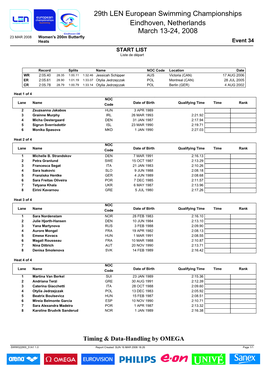 Women's 200M Butterfly Heats Event 34 START LIST Liste De Départ