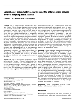 Estimation of Groundwater Recharge Using the Chloride Mass-Balance Method, Pingtung Plain, Taiwan