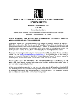 Berkeley City Council Agenda & Rules Committee Special