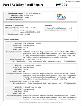 Part 573 Safety Recall Report 19V-006