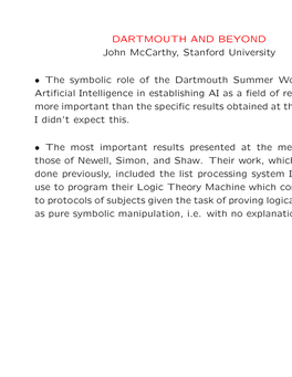 DARTMOUTH and BEYOND John Mccarthy, Stanford University • The