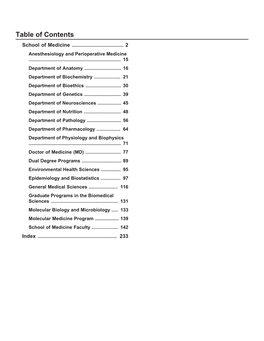 Table of Contents School of Medicine