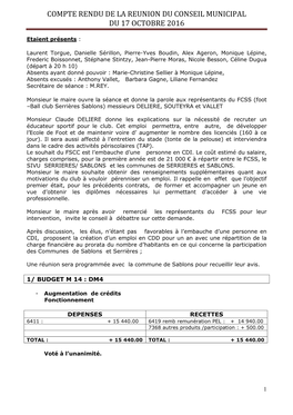 Compte Rendu De La Reunion Du Conseil Municipal Du 17 Octobre 2016