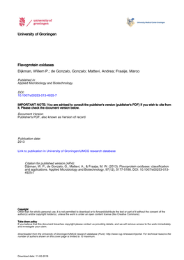 University of Groningen Flavoprotein Oxidases Dijkman, Willem P.; De Gonzalo, Gonzalo; Mattevi, Andrea; Fraaije, Marco