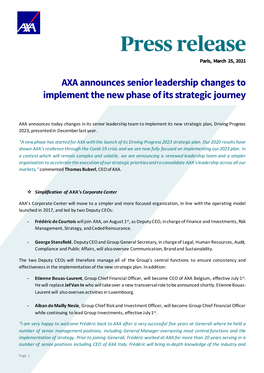 AXA Announces Senior Leadership Changes to Implement the New Phase of Its Strategic Journey
