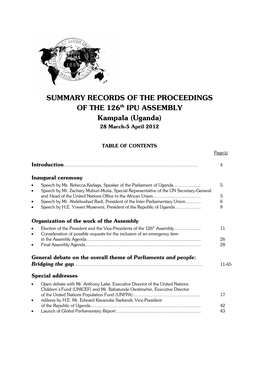 SUMMARY RECORDS of the PROCEEDINGS of the 126Th IPU ASSEMBLY Kampala (Uganda) 28 March-5 April 2012