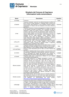 Stradario Del Comune Di Capriasca Informazioni Sulla Nomenclatura