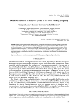 Defensive Secretions in Millipede Species of the Order Julida (Diplopoda)