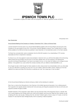 IPSWICH TOWN PLC Incorporated in England and Wales Under the Companies Act 1985 with Registered Number 04792070