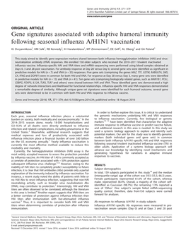 Gene Signatures Associated with Adaptive Humoral Immunity Following Seasonal Influenza A&Sol;H1N1 Vaccination