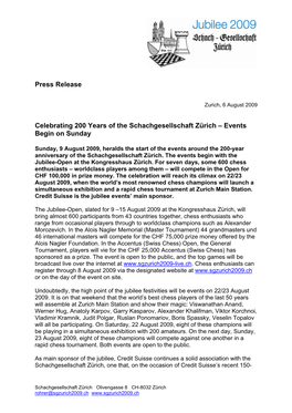 Press Release Celebrating 200 Years of the Schachgesellschaft Zürich