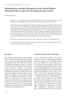 Databasing the Stoneflies (Plecoptera) at the Natural History Museum in Oslo Reveals New Norwegian Province Records