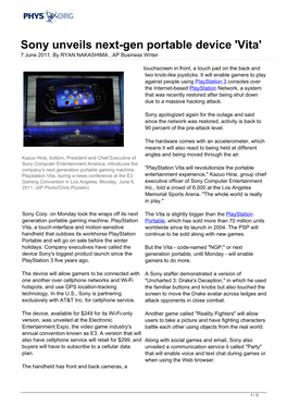 Sony Unveils Next-Gen Portable Device 'Vita' 7 June 2011, by RYAN NAKASHIMA , AP Business Writer