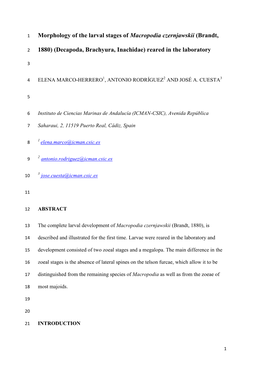 Morphology of the Larval Stages of Macropodia Czernjawskii (Brandt