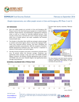Somalia Food Security Outlook, February to September 2016