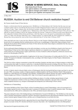 Auction to End Old Believer Church Restitution Hopes?