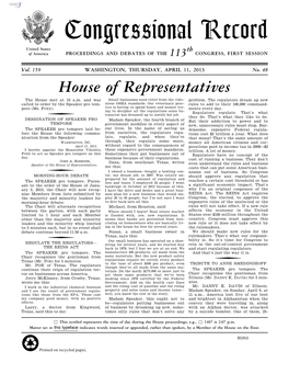 Congressional Record United States Th of America PROCEEDINGS and DEBATES of the 113 CONGRESS, FIRST SESSION