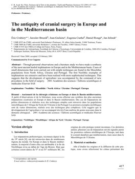 The Antiquity of Cranial Surgery in Europe and in the Mediterranean Basin