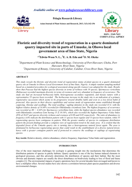 Floristic and Diversity Trend of Regeneration in a Quartz Dominated Quarry Impacted Site in Parts of Umuoke, in Obowo Local Government Area of Imo State, Nigeria